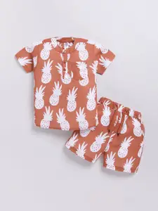 Nottie Planet Boys Conversational Printed Band Collar Pure Cotton T-shirt With Shorts