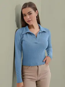 Dream Beauty Fashion Women Ribbed Shirt Collar Regular Top