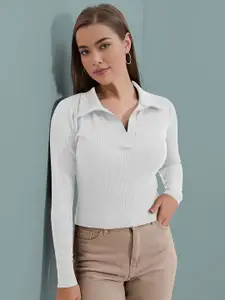 Dream Beauty Fashion Women Ribbed Shirt Collar Regular Crop Top