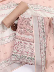 Meena Bazaar Ethnic Motifs Printed Mirror Work Linen Unstitched Dress Material