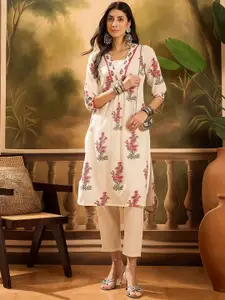 Sangria Women Floral Printed Pure Cotton Straight Kurta With Lace Neckline
