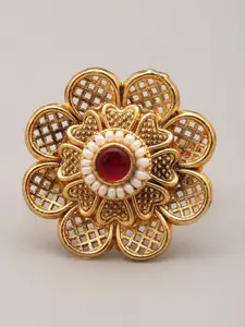 Exotic India Stone Studded & Beaded Flower Design Adjustable Finger Ring