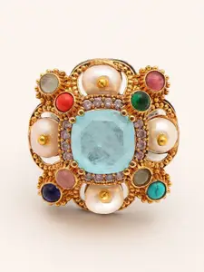 Exotic India 925 Sterling Silver Monalisa Stone-Studded & Beaded Finger Ring