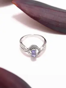 Exotic India 925 Sterling Silver Tanzanite Gemstone-Studded Wave Finger Ring