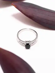 Exotic India 925 Sterling Silver Faceted Onyx & Cubic Zirconia-Studded Finger Ring
