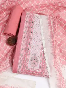 Meena Bazaar Floral Embroidered Mirror Work Linen Unstitched Dress Material