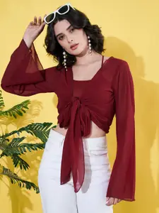 ANVI Be Yourself Solid Long Sleeves Georgette Open Front Tie-ups Shrug