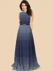 Dream Beauty Fashion Women Striped Belted Sleeveless Georgette Fit & Flare Maxi Dress
