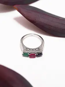 Exotic India 925 Sterling Silver Faceted Emerald Ruby & Sapphire Stone Studded Finger Ring