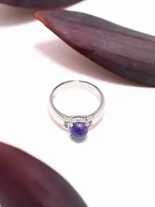 Exotic India 925 Sterling Silver Tanzanite Gemstone-Studded Round Shaped Finger Ring