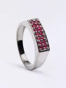 Exotic India 925 Sterling Silver Round Cut Faceted Ruby Stone-Studded Finger Ring