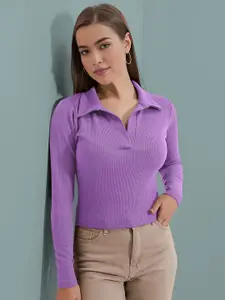 Dream Beauty Fashion Women Ribbed Shirt Collar Fitted Top