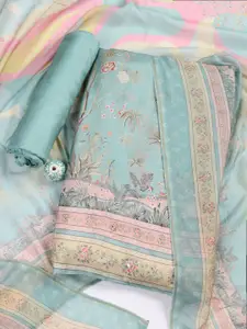 Meena Bazaar Floral Printed Mirror Work Unstitched Dress Material