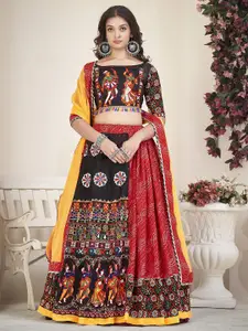 KALINI Embroidered Thread Work Silk Semi-Stitched Lehenga With Unstitched Blouse & Dupatta