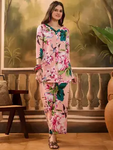 Sangria Floral Printed V Neck Pure Cotton Top & Trousers