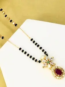 Jewelry Miguel Women Gold-Plated Red Stone & Pearl Drop Pendant Black Beaded Mangalsutra