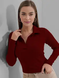 Dream Beauty Fashion Women Shirt Collar Ribbed Fitted Crop Top