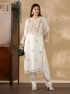Club Loom Floral Embroidered Thread Work Chanderi Cotton Straight Kurta