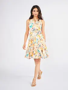 AND Women Floral Printed Tie-Ups Detail Fit & Flare Cotton Dress
