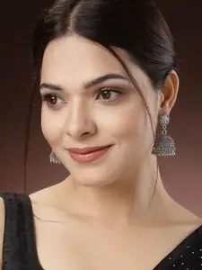 Sangria Set Of 3 German Silver-Plated Artificial Beaded Dome Shaped Oxidised Jhumkas