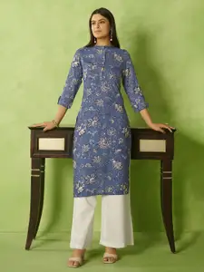 Anouk Floral Printed Mandarin Collar Straight Kurta