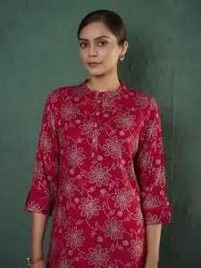 Anouk Floral Printed Mandarin Collar Straight Pure Cotton Kurta