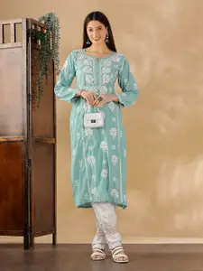 Club Loom Floral Embroidered Thread Work Chanderi Cotton Straight Kurta