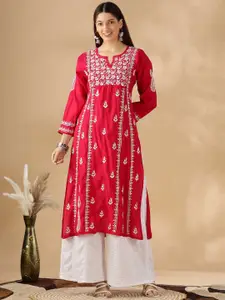 Club Loom Floral Embroidered Thread Work Chanderi Cotton Straight Kurta