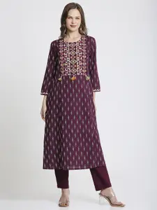 Saffron Threads Floral Printed Pure Cotton Round Neck Straight Kurta