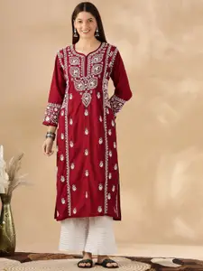 Club Loom Floral Embroidered Thread Work Chanderi Cotton Straight Kurta
