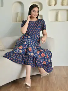 DECKEDUP Women Floral Print Cotton Puff Sleeves Fit & Flare Maxi Dress