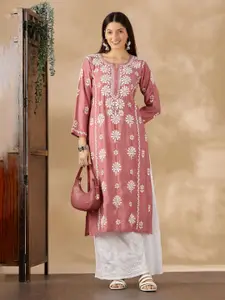 Club Loom Floral Embroidered Notch Neck Chikankari Chanderi Cotton Straight Kurta