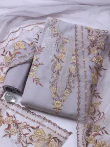 Meena Bazaar Floral Embroidered Sequinned Linen Unstitched Dress Material