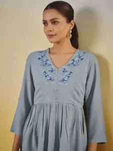 Anouk Floral Embroidered Pleated Thread Work Pure Cotton A-Line Kurti