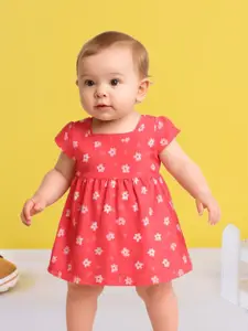 FASHION GRAB Girls Floral Printed Square Neck Pure Cotton Fit & Flare Dress