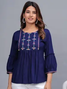 ROOPWATI FASHION Floral Embroidered Bell Sleeve Empire Cotton Top