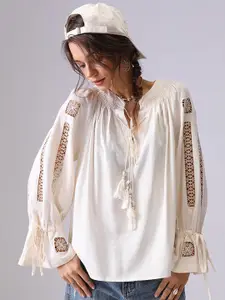 StyleCast Women Solid Tie-up Neck Boxy Top