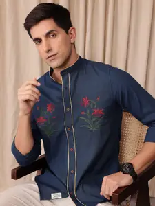 Mr Bowerbird Men Comfort Floral Embroidered Band Collar Casual Shirt