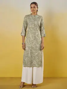 Anouk Floral Printed Mandarin Collar Straight Chanderi Silk Kurta