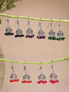 Sangria Set Of 5 German Silver-Plated Artificial Beaded Dome Shaped Oxidised Jhumkas