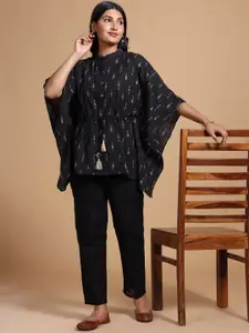 Taavi Women Pure Cotton Batwing Sleeves Ikat Kaftan Kurti With Tassels