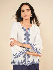 Global Desi Women Ethnic Motifs Embroidered Bell Sleeves Top