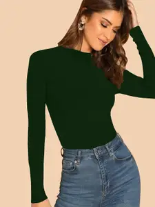 Dream Beauty Fashion Top-56-Empire-DarkGreen-XS Women Solid Round Neck Long Sleeves Top