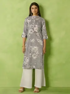 Anouk Floral Printed Mandarin Collar Straight Kurta