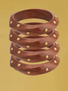 ATIBELLE Set Of 4 Gold-Plated Beaded & Round-Square Twisted Shaped Wooden Bangles
