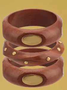 ATIBELLE Set Of 3 Gold-Plated Beaded & Round-Square Twisted Shaped Wooden Bangles