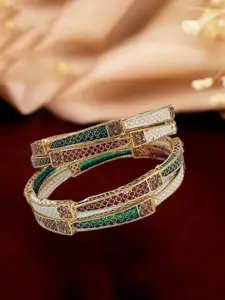 Anouk Set Of 4 Textured Copper-Plated Enamelled Stone-Studded Bangles