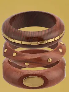 ATIBELLE Set Of 3 Gold-Plated Beaded & Round-Square Twisted Shaped Wooden Bangles