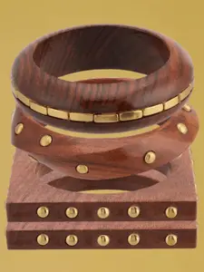 ATIBELLE Set Of 4 Gold-Plated Beaded & Round-Square Twisted Shaped Wooden Bangles