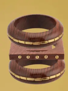 ATIBELLE Set Of 3 Gold-Plated Beaded & Round-Square Twisted Shaped Wooden Bangles